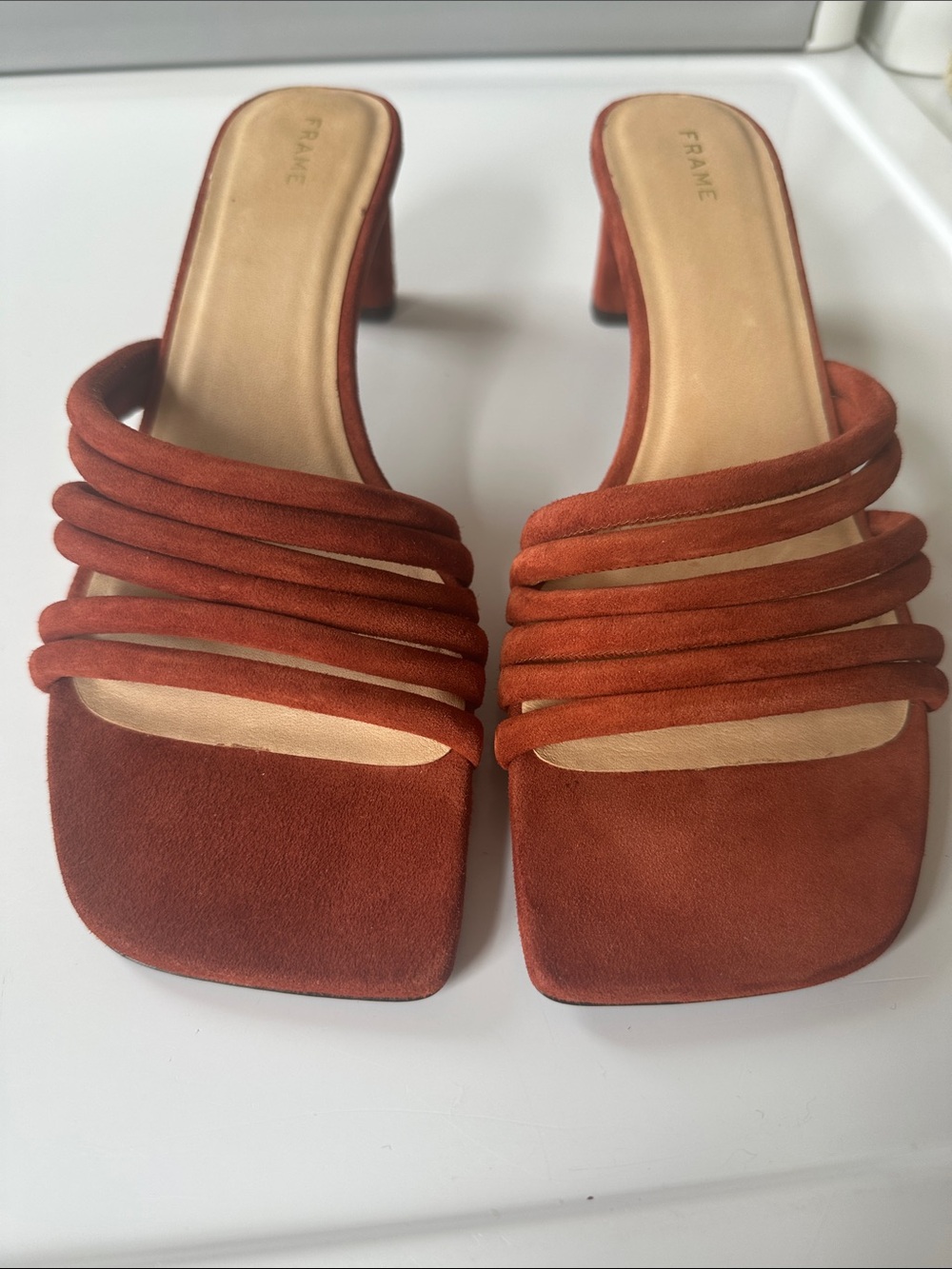 Frame Le Tonga Suede Leather Mules Strappy Sandal EU38.5 US8 Brown Shoes Morocco - Picture 6 of 16